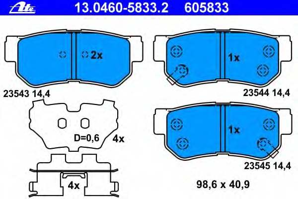 Placute frana 13 0460-5833 2 ATE pentru Hyundai Santa Hyundai Sonata Kia Sportage Hyundai Azera Hyundai Grandeur Hyundai Avante Hyundai Elantra Kia Lotze Kia Magentis Hyundai Xg Hyundai Tucson Hyundai Trajet Hyundai Highway Hyundai Lavita Hyundai Mat