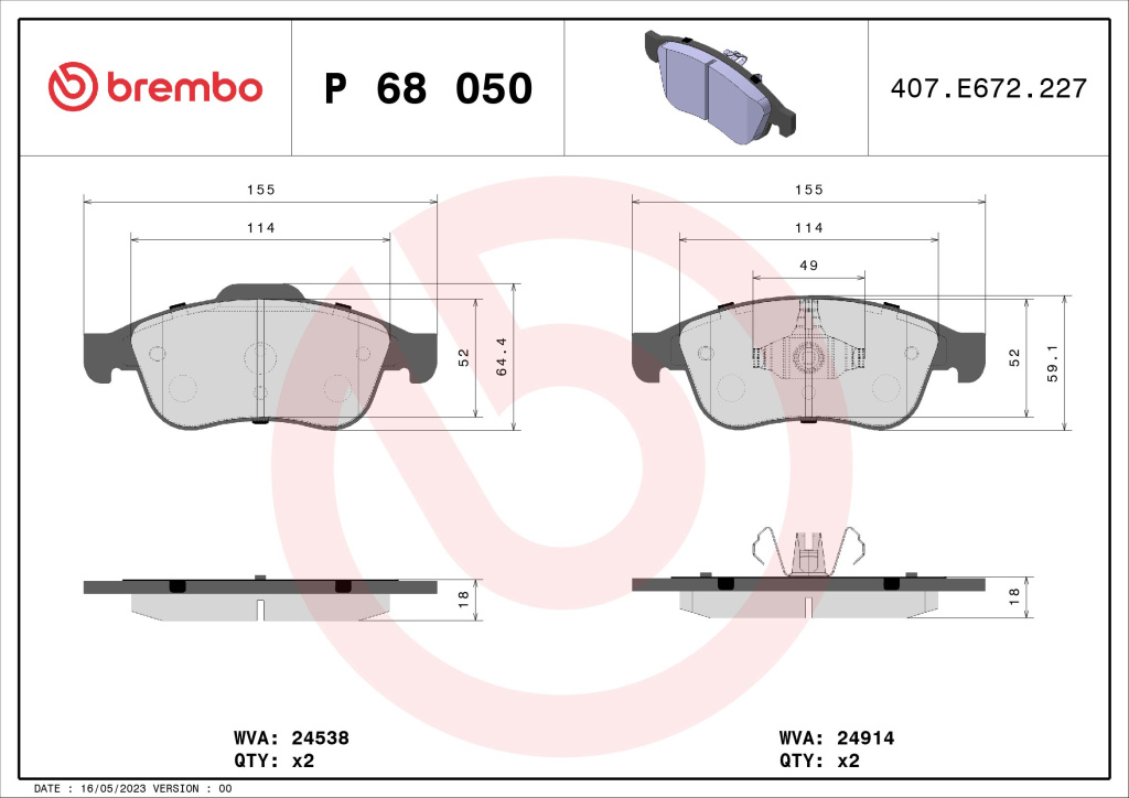 PLACUTE FRANA ~ Fata RENAULT KANGOO III nadwozie wielkoprzestrzenne (MPV) 2021 ~ P 68 050 ~ BREMBO