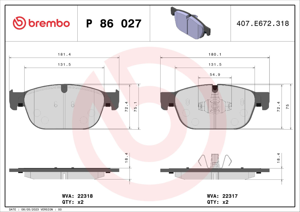 PLACUTE FRANA ~ Fata VOLVO V60 II (225) 2018 ~ P 86 027 ~ BREMBO