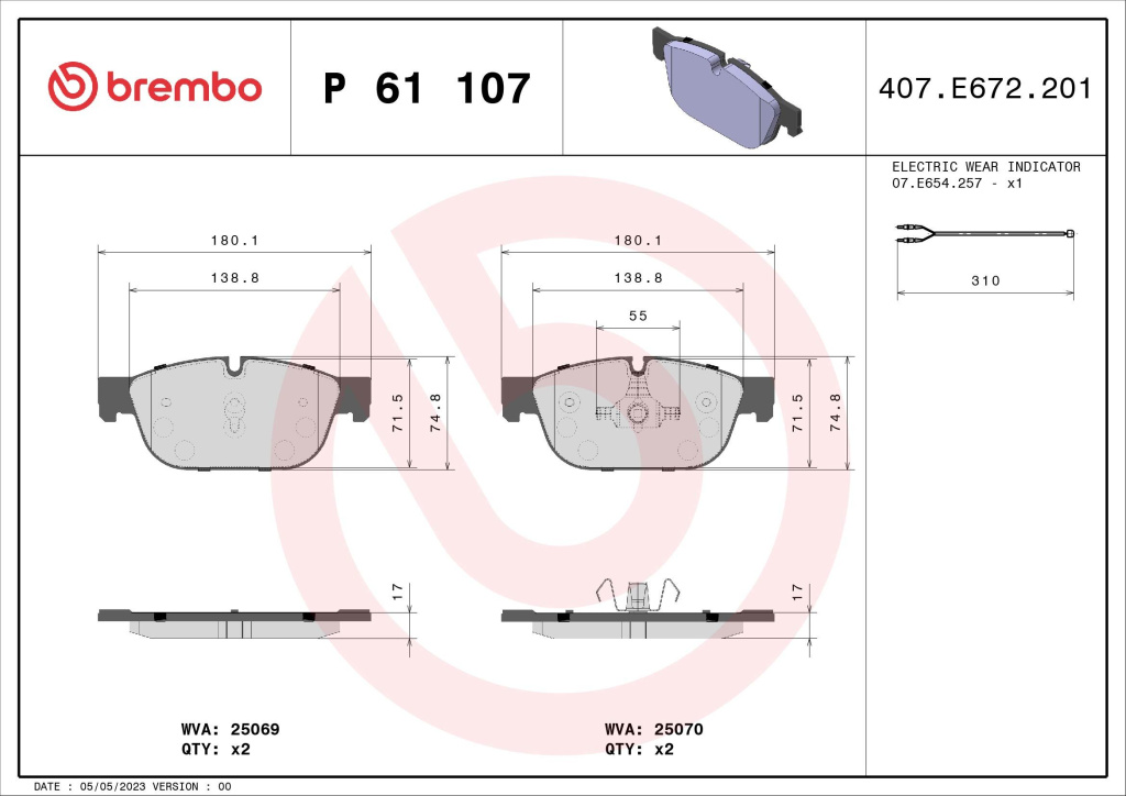 Placute frana P 61 107 BREMBO pentru Peugeot 508 CitroEn C5 CitroEn Ds4 Peugeot 308 CitroEn Ds5 Peugeot 407 Peugeot Rcz CitroEn C6