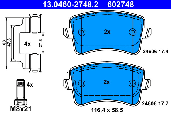 PLACUTE FRANA ~ Spate AUDI A4 B8 Avant (8K5) 2007 2008 2009 2010 2011 2012 2013 2014 2015 ~ 13.0460-2748.2 ~ ATE