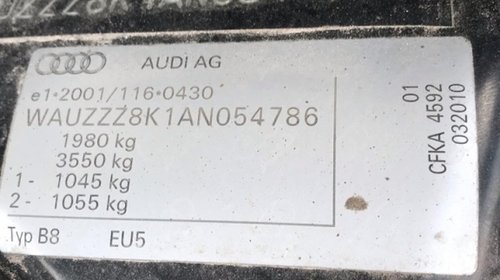 Plansa bord cu airbag pasager Audi A4 B8