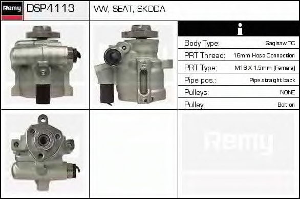 Pompa hidraulica sistem de directie DSP4113 DELCO REMY pentru Vw Passat Vw Golf Vw Jetta Vw Vento Seat Toledo Seat Ibiza Seat Cordoba Vw Derby Vw Flight Vw Polo Vw Caddy Vw Panel Seat Inca Skoda Felicia