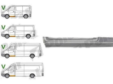 Prag MERCEDES SPRINTER, 07.2006-06.2018, VW CRAFTER (2E), 12.2005-04.2017, fata, partea stanga, otel galvanizat, sub usa fata