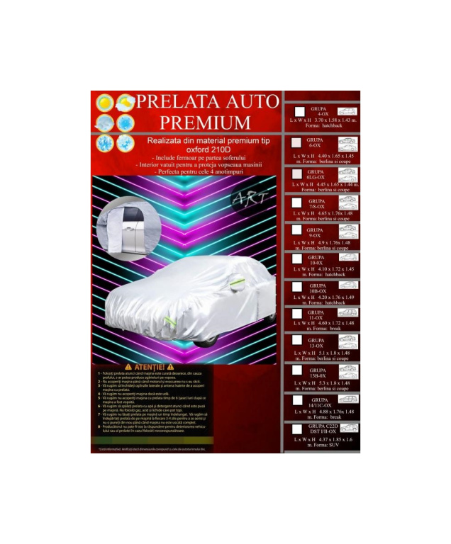 Prelata auto PREMIUM material OXFORD GRUPA 13-OX Dimensiuni: 5.10x1,80x1,48m