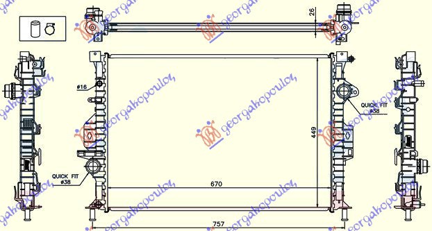 Radiator (1.6-2.0 t)(2.0-3.0 t4/t5/t6 man/aut) petr. - (2.0 d)(2.0-2.4 d2/d3/d4/d5) dsl auto (670x449x26) pentru Volvo V70 13-