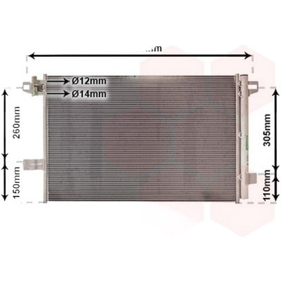 Radiator aer conditionat VW CARAVELLE 4 1990->2003, TRANSPORTER T4 1990->2003 pentru 2.0, perioada 1990 1991 1992 1993 1994 1995 1996 1997 1998 1999 2000 2001 2002 2003 PIESA NOUA grosime mm 16, diametru admisie mm 11, diametru evacuare mm 9, latime 