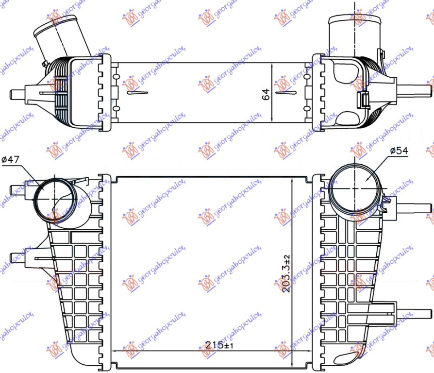 RADIATOR INTERCOOLER 1.2 DIG PETROL (215X203X64) - NISSAN NISSAN NOTE 13-, NISSAN, NISSAN NOTE 13-, PEUGEOT, PEUGEOT EXPERT 07-16, PARTEA FRONTALA, RADIATOR INTERCOOLER, 582006200