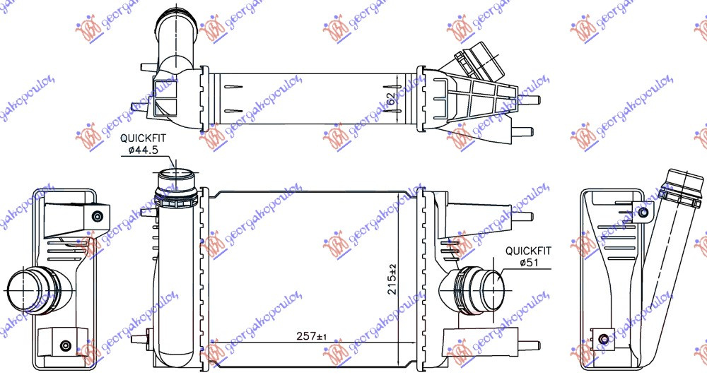 RADIATOR INTERCOOLER 1.2 DIG-TURBO BENZINA (257x215x62) - NISSAN PULSAR 15-, NISSAN, NISSAN PULSAR 15-, PEUGEOT, PEUGEOT EXPERT 07-16, Partea frontala, Radiator Intercooler, 586006200