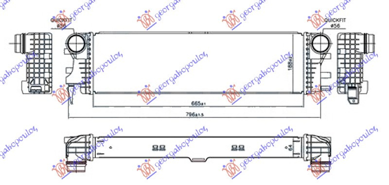 RADIATOR INTERCOOLER FOR ALL DIESEL (665X188X64) - MERCEDES MERCEDES V (W447) 15-20, PEUGEOT, PEUGEOT EXPERT 07-16, PARTEA FRONTALA, RADIATOR INTERCOOLER, MERCEDES, MERCEDES V (W447) 15-20, 526206210