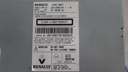 RADIO CD RENAULT LAGUNA 3 AN 2008 281150