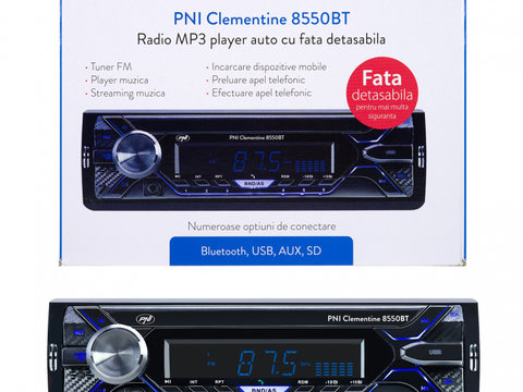 RADIO MP3 PLAYER AUTO PNI CLEMENTINE 8550BT, FATA DETASABILA, 4X45W, 12V, 1 DIN, CU SD, USB, AUX, RCA IS-10039