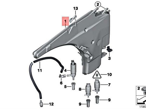 Rezervor spalator parbriz BMW Seria 1 (E82/E88), 09.2004-10.2013, Seria 3 (E90), 11.2004-06.2012, fara pompa lichid parbriz, cu set spalator far, fara senzor nivel lichid (cu gaura senzor)