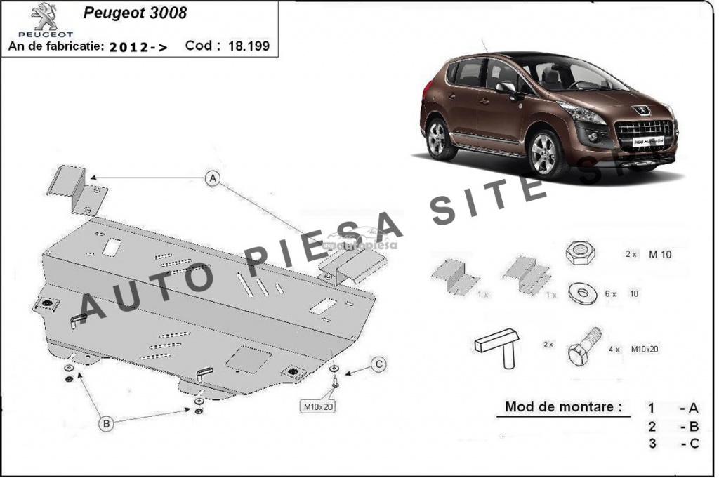 Scut metalic motor Peugeot 3008 fabricat incepand cu 2012 APS-18,199 piesa NOUA