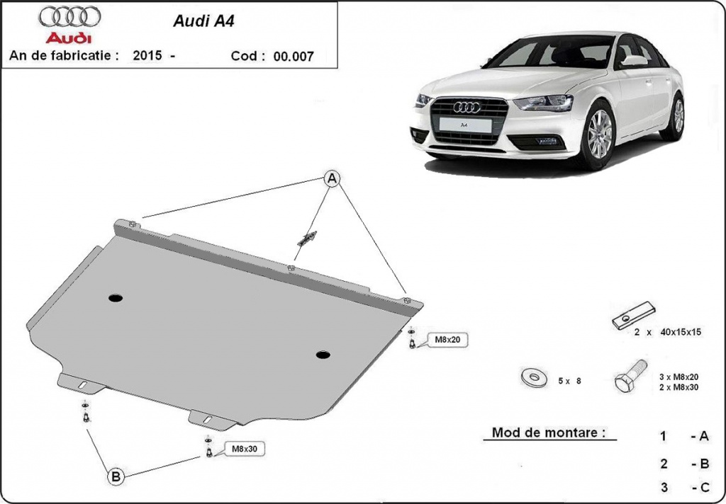 Scut metalic pentru cutia de viteze Audi A4 B9 2015-prezent