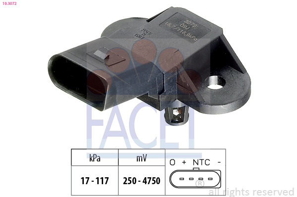 Senzor presiune aer 10 3072 FACET pentru Seat Ibiza Skoda Octavia Skoda Laura Vw Derby Vw Flight Vw Polo Seat Inca Audi A3 Vw Golf Vw Jetta Seat Arosa Vw Lupo Skoda Roomster Vw Bora Vw Caddy Seat Cordoba Seat Leon Seat Toledo Vw Beetle Vw New Vw Novo