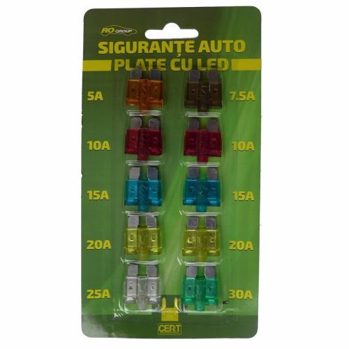 Set 10 sigurante auto plate cu led RoGroup, 12V