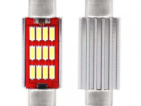 Set 2 becuri auto Amio LED, C5W SV8.5-8, 12SMD 4014, 2.9W, 39mm, Canbus, 12-24V, leduri alb sofit Festoon