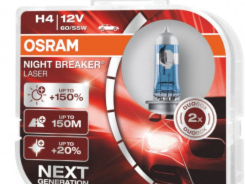 Set 2 becuri auto cu halogen Osram H4 12V 60/55W P43t Night Breaker Laser +150