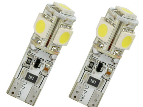 Set 2 becuri auto Vectra 12V T10 W2.1x9.5d 5W cu 5 leduri SMD 5050SMD Canbus , fara eroare in bord , alb