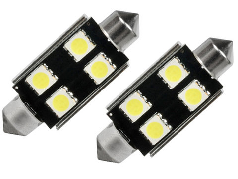 Set 2 becuri auto Vectra cu 4 leduri SMD 12V T11x42mm C10W alb sofit Festoon Canbus 5050SMD cu radiator - fara eroare