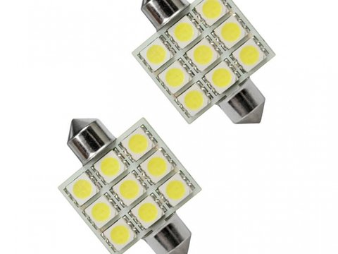 Set 2 becuri auto Vectra cu 9 leduri SMD 12V T11x36mm C5W alb sofit Festoon 5050SMD