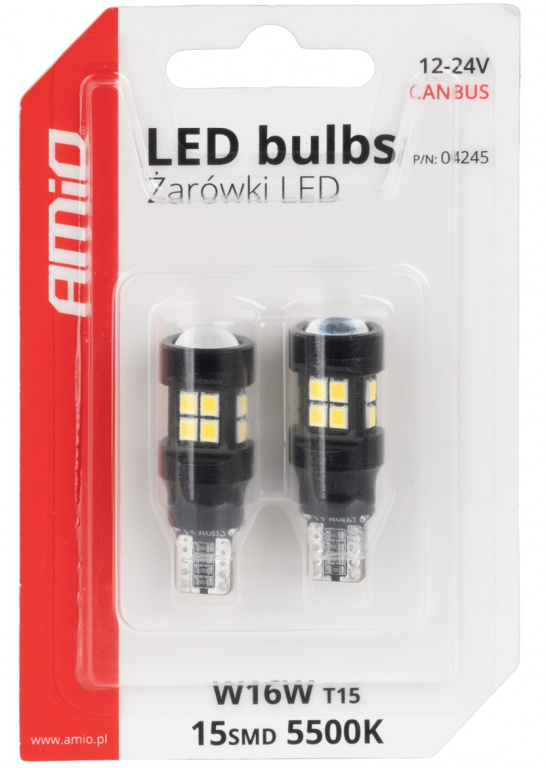 Set 2 Buc Led Amio T15 12V / 24V W16W 15 SMD 2835 Canbus Alb 5500K 04245