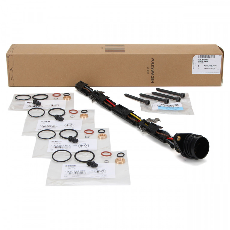 Set Cablaj Injectoare Oe Volkswagen Caddy 3 2004-2010 038971600 + 4 Buc Kit Reparatie Injector Bosch 1 417 010 997 + 4 Buc Surub Fixare Injector Oe Volkswagen M6x64mm Pompe Düse 038103385A