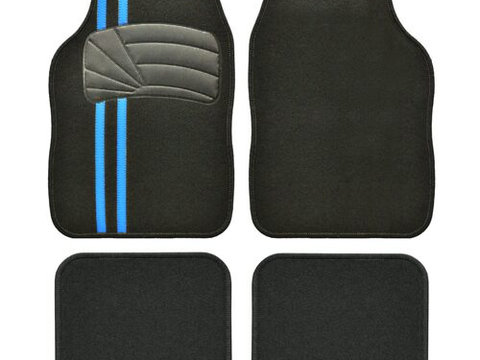 Set Covorase Auto Universale Custo Tiger, Mocheta, negru cu insertie albastra, 4 buc