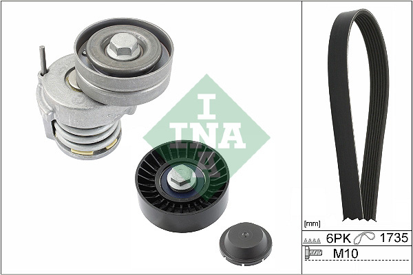 Set curea transmisie cu caneluri V-belts set with rollers AUDI A1 A3 SEAT ALTEA ALTEA XL LEON TOLEDO IV SKODA OCTAVIA II RAPID SUPERB II YETI VW EOS GOLF PLUS GOLF PLUS V GOLF V GOLF VI 1.4/1.6 03.05- INA 529 0505 10