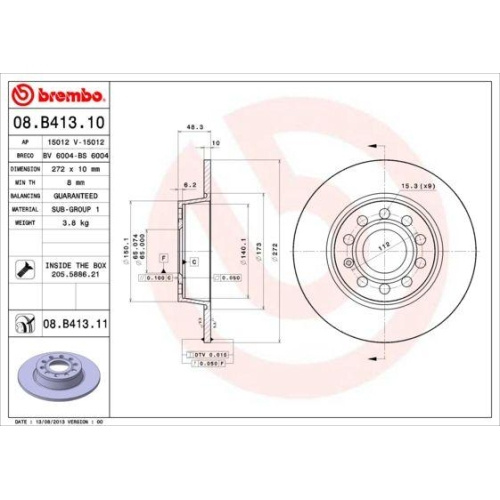 Set discuri frana Audi: A1 (8x1), A3 (8p1), A3 (8v1), Q2 (Gab), Seat: Altea (5p1), Ateca (Kh7), Leon (1p1), Skoda: Karoq (Nu7), Octavia 2 3, Superb 2, Yeti (5l), VW Caddy (2ka), Golf 7 (5g1), Jetta 1 (1k2), Touran (1t1)., Spate, 272x10, plin, BREMBO