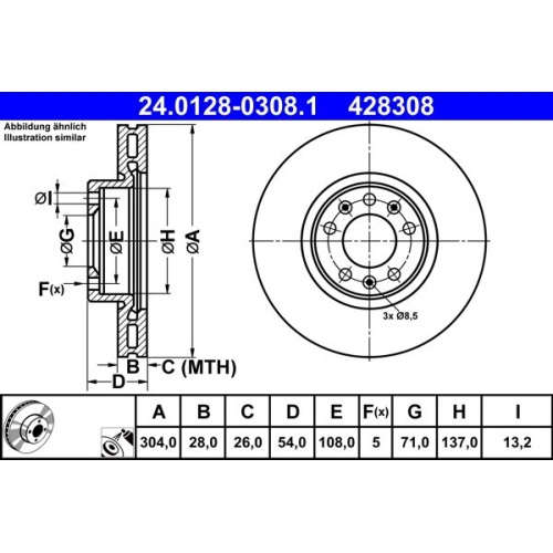 Set discuri frana fata ATE, Citroen Jumpy, 2016-, Spacetourer, 2016-, Opel Vivaro C, 2019-, Zafira Life Bus, 03.2019-, Peugeot Expert, 2016-, Traveller, 2016-, Toyota Proace 2016-, Proace Verso, 02.2016-, Fata, puntea fata