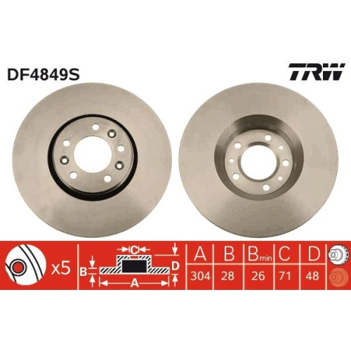 Set discuri frana fata TRW, Citroen C5, 2008-, Jumpy, 01.2007-, Fiat Scudo, 01.2007-, Peugeot 407, 02.2004-12.11, 407 Cupe, 10.05-, 407 Sw, 05.2004-12.11, Expert, 01.2007-, Expert Tepee, 01.2007-, Fata, puntea fata