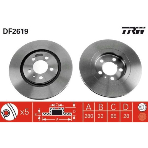Set discuri frana Seat Toledo 1 (1l2), Vw Corrado (53i), Golf 3 (1h1), Golf 3 Van (1h1), Golf 3 Variant (1h5), Passat B3/B4 (3a2, Passat B3/B4 Variant (3a5, Vento (1h2), punte fata, 280x22, ventilat, TRW