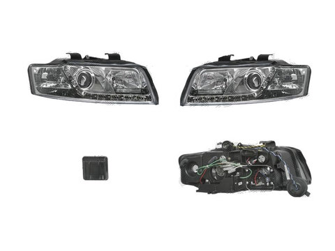 Set faruri Audi A4 (B6), 11.2000-11.2004, partea Stanga+Dreapta, Tuning, Fata, cu lumina de parcare LED, tip bec H1+H1, manual/electric, transparent, argintiu, fara motor, tuning, Taiwan