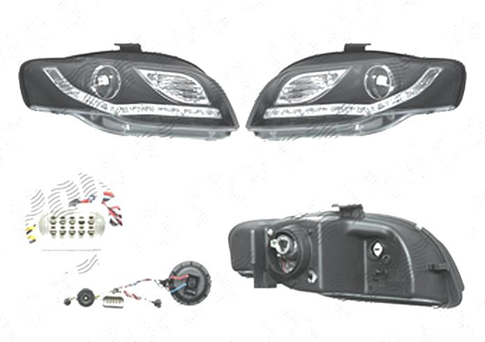 Set faruri Audi A4 (B7), 11.2004-03.2008, fata, Stanga+Dreapta, cu LED-uri pozitie, H9, electric, negru, transparent, cu motor, tuning,