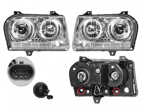 Set faruri Chrysler 300c (Lx), 09.2004-2008, Model 300, partea Stanga+Dreapta, Tuning, Fata, Tip=USA, H1+HB4+LED+PY27/7W, manual, transparent, argintiu, cu becuri, tuning, Omologare: SAE, Taiwan