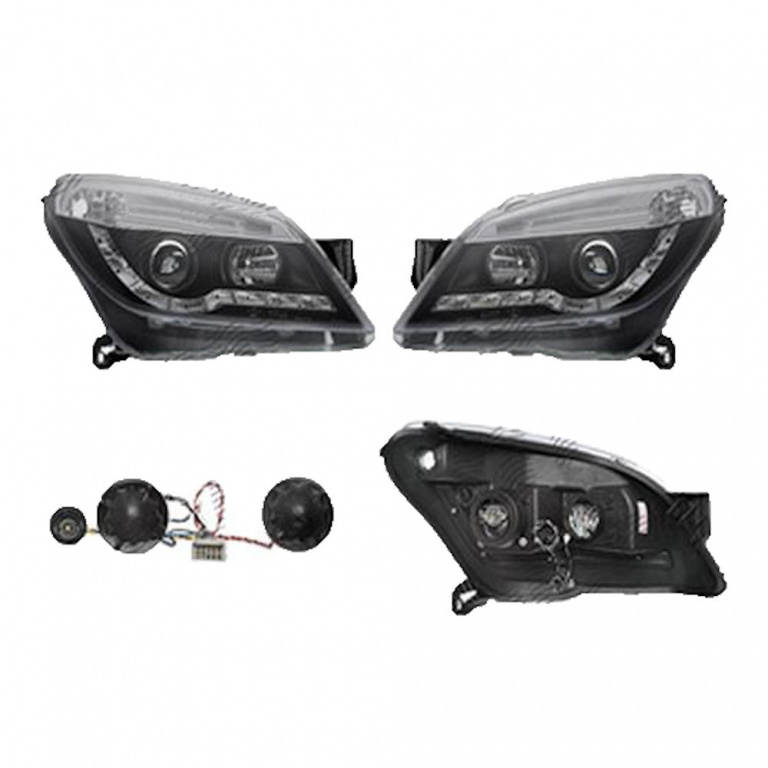 Set faruri Opel Astra H, 10.2003-04.2007, partea Stanga+Dreapta, Tuning, Fata, cu lumina de parcare LED, tip bec H1+H1, electric, negru, transparent, cu motor, tuning, Taiwan