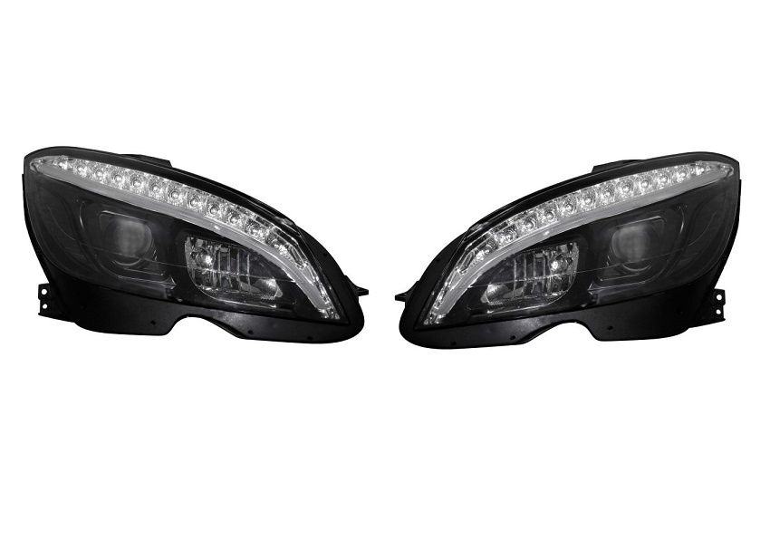 Set faruri tuning MERCEDES Clasa C (W204), 03.2007-03.2011, partea stanga+dreapta, Taiwan, indicator dinamic, cu indicator led, cu &quot,lumina timp de zi&quot, tip LED, H9+LED, electric, negru, halogen
