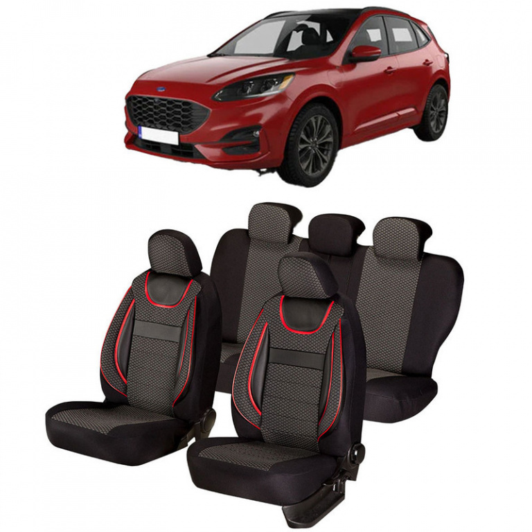 Set Huse Auto Dynamic Negru cu insertii rosii compatibile cu Ford Kuga 44500-86