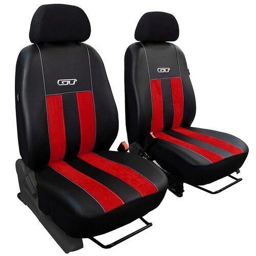 Set Huse Scaune Auto Fata pentru Skoda Kamiq - Pok-Ter GT1+1, Piele Ecologica si Material Textil tip Alcantara, Negru - Rosu, 4 piese