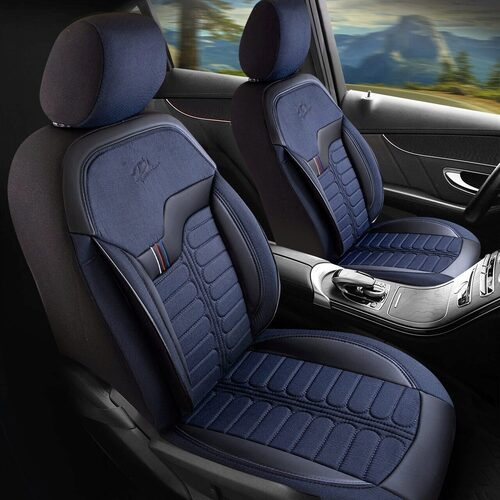 Set Huse Scaune Auto pentru Audi A1 - Panda Londra, cu fermoare pentru bancheta rabatabila, albastru - negru , 11 piese