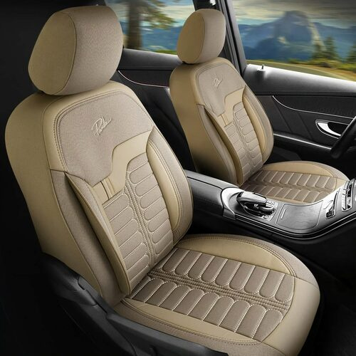 Set Huse Scaune Auto pentru Audi Q8 - Panda Londra, cu fermoare pentru bancheta rabatabila, bej, 11 piese