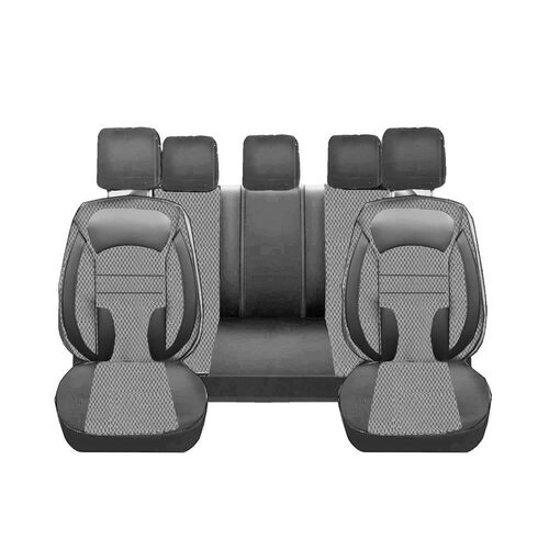 Set Huse Scaune Auto pentru Chevrolet Aveo - DeluxeBoss, stofa cu piele ecologica, pt bancheta rabatabila fractionata, negru cu gri, 11 piese