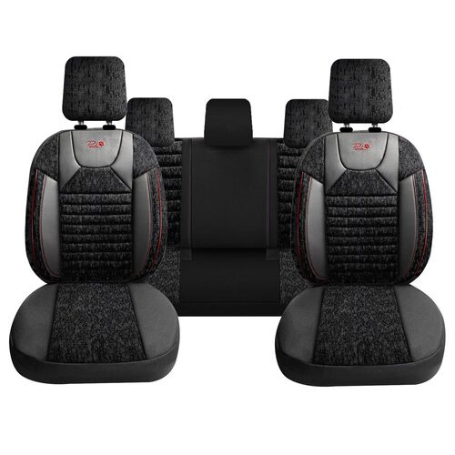 Set Huse Scaune Auto pentru Citroen C1 - Panda PSC02, material textil cu piele ecologica, cu fermoare pentru bancheta rabatabila, negru cu dungi rosii, 11 piese