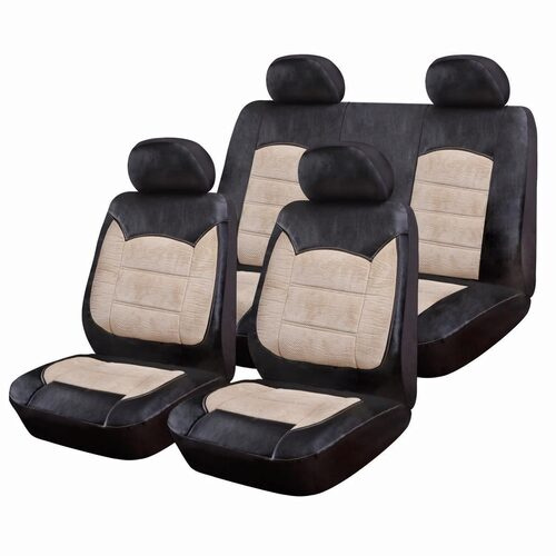 Set Huse Scaune Auto pentru Dacia Solenza - Luxury Negru Crem, cu fermoare pentru bancheta rabatabila, 9 piese