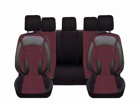 Set Huse Scaune Auto pentru Daewoo Kalos - DeluxeBoss stofa cu piele ecologica, negru cu rosu, 11 bucati