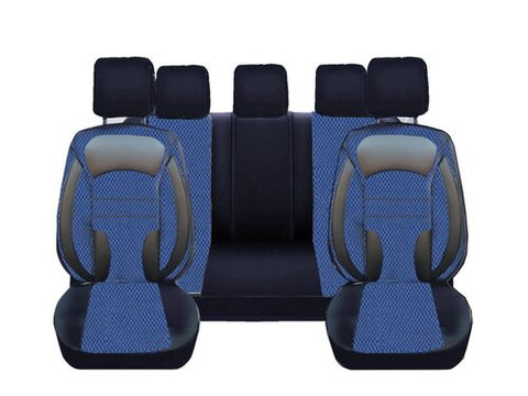 Set Huse Scaune Auto pentru Daewoo Matiz - DeluxeBoss stofa cu piele ecologica, negru cu albastru, 11 bucati