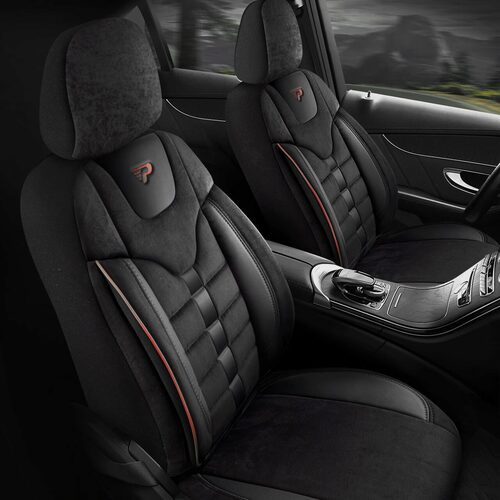 Set Huse Scaune Auto pentru Dodge Caliber - Panda Toronto, tip Alcantara, cu fermoare pentru bancheta rabatabila, negru cu cusatura rosie, 11 piese