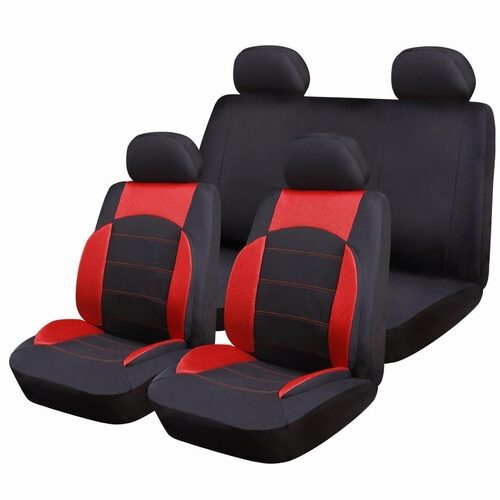 Set Huse Scaune Auto pentru Fiat Stilo - RoGroup Sport Line Rosu, cu fermoare pentru bancheta rabatabila, 9 bucati